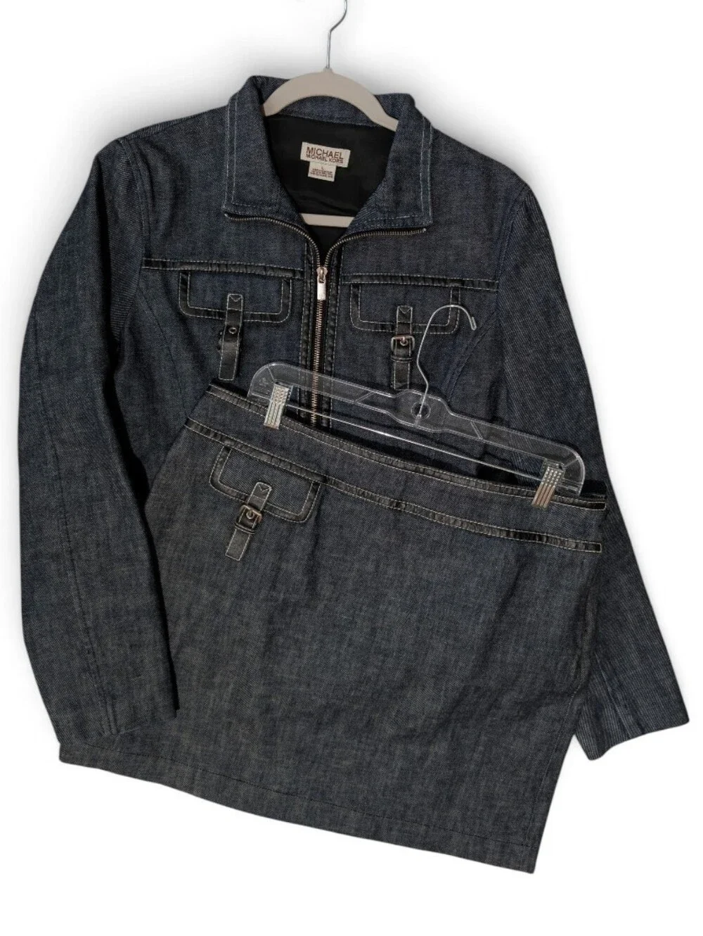 Michael Kors Denim Leather Trim Jacket Skirt Set Size L 12